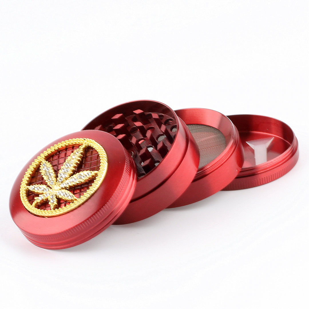 Cannabis Hanf Blatt mit Diamanten Grinder Crusher Cannabis Mühle Gold Rot Bordeaux 2