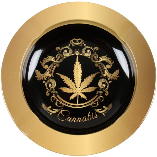 Aschenbecher Metall rund Cannabis Gold mit Hanfblatt