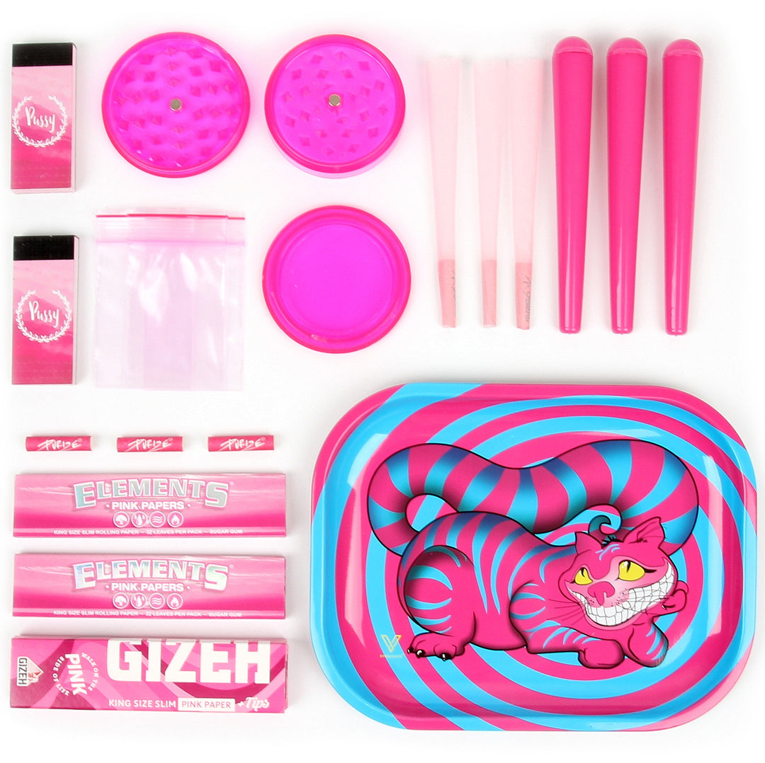 avibes PINK PUSSYCAT Kiffer Stoner Loot Box Rolling Tray Set Bauunterlage + Joint Hüllen + Grinder Pink Rosa + Cones Tips + Purize Filter + Element, Gizeh Papers + Baggys