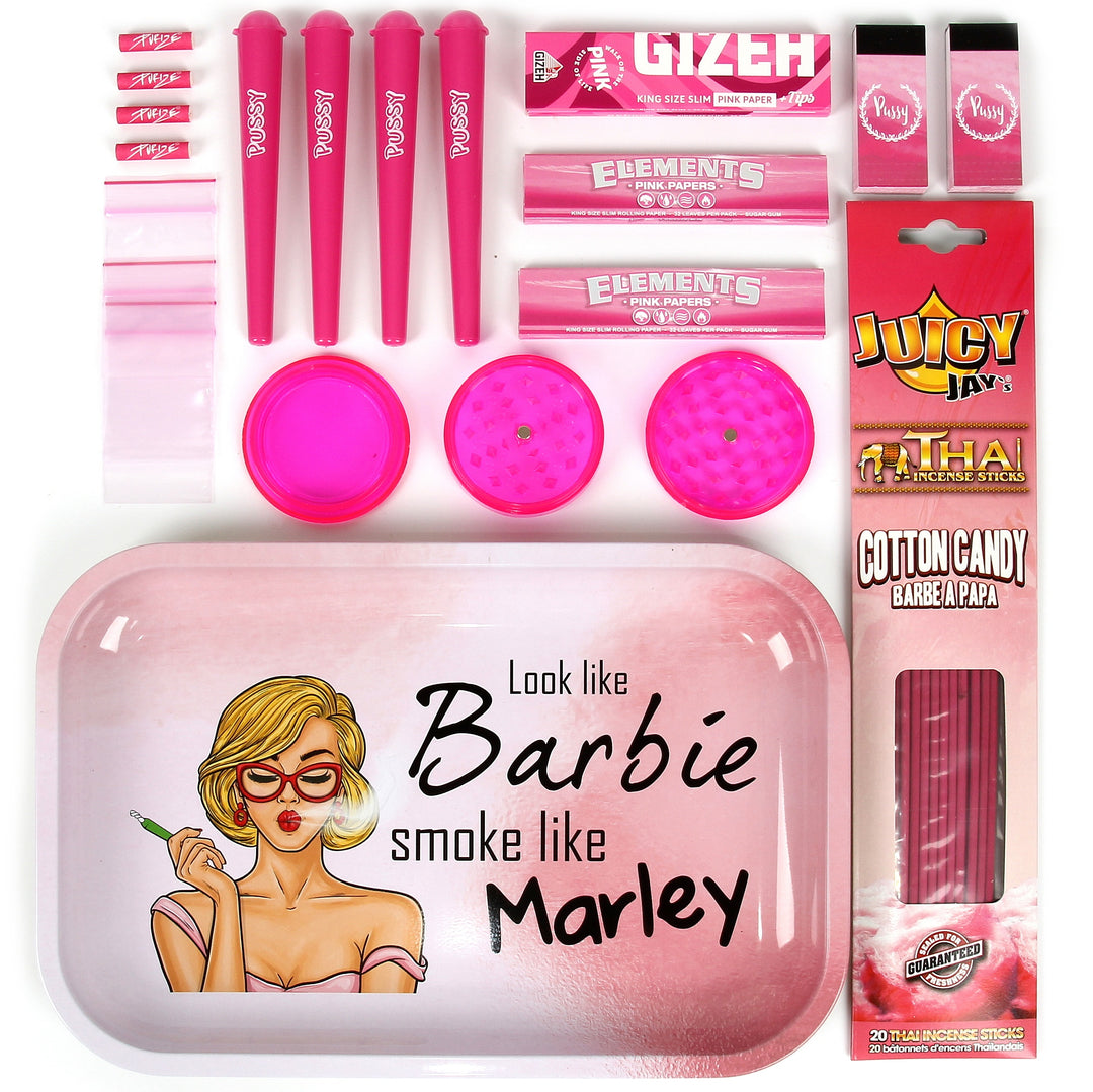 look like barbie smoke like marley rolling tray kiffer geschenk set loot box pink rosa avibes