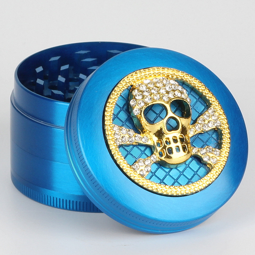 Totenkopf mit Diamanten Grinder Crusher Cannabis Mühle Gold blau