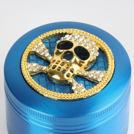 Totenkopf mit Diamanten Grinder Crusher Cannabis Mühle Gold blau 2