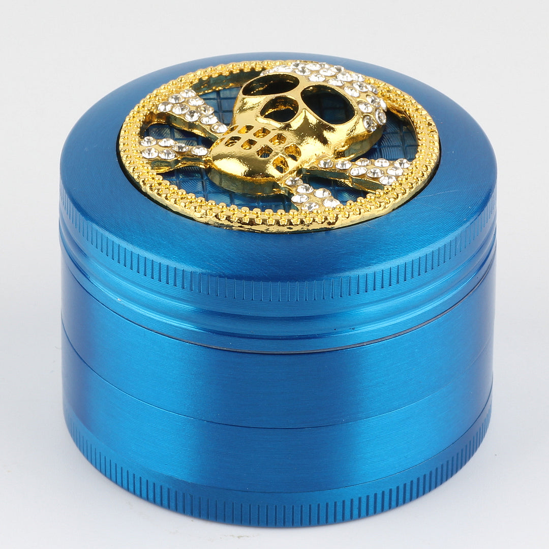 Totenkopf mit Diamanten Grinder Crusher Cannabis Mühle Gold blau 4